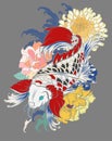 Beautiful, colorful Koi carp with water splash, lotus and peony flower.