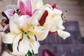 beautiful colorful lily flower bouquet on rustic wooden background. gorgeous bloom lilies on rustic wood backdrop. space for text Royalty Free Stock Photo