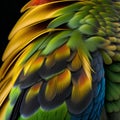 Beautiful colorful macaw parrot feathers on a black background. Royalty Free Stock Photo