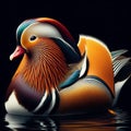 Beautiful and colorful mandarin duck on a black background. Wild life. AI generated Royalty Free Stock Photo