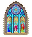 Beautiful colorful medieval stained glass window. Gothic architectural style. Holy scholars with books of knowledge. Architecture Royalty Free Stock Photo