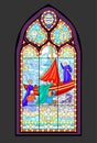 Beautiful colorful medieval stained glass window. Gothic architectural style. Image of Holy Apostle sailing on a boat.