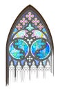 Beautiful colorful medieval stained glass window. Gothic architectural style with pointed arch. Architecture in France churches.