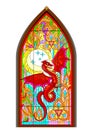 Beautiful colorful medieval stained glass window. Gothic architectural style with pointed arch. Painting of ancient legendary red Royalty Free Stock Photo