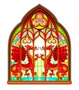 Beautiful colorful medieval stained glass window. Gothic architectural style with pointed arch. Painting of ancient legendary red Royalty Free Stock Photo