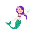 Beautiful colorful mermaid with violet hair and green tail