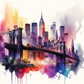 Beautiful colorful night New York. Brooklyn Bridge, watercolor.