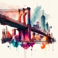 Beautiful colorful night New York. Brooklyn Bridge, watercolor.
