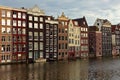 Beautiful colorful panarama view of old Amsterdam buildings near