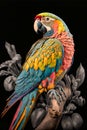 Beautiful colorful parrot sitting on a branch on a black background. Generative AI