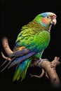 Beautiful colorful parrot sitting on a branch on a black background. Generative AI