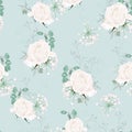 Beautiful Colorful pastel seamless pattern with roses, eucalyptus, on the blue background. Royalty Free Stock Photo