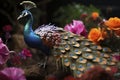 Beautiful colorful peacock with multicolored bright feathers in a blooming garden, AI Generated