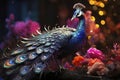 Beautiful colorful peacock with multicolored bright feathers in a blooming garden, AI Generated