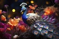 Beautiful colorful peacock with multicolored bright feathers in a blooming garden, AI Generated