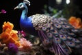Beautiful colorful peacock with multicolored bright feathers in a blooming garden, AI Generated