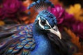 Beautiful colorful peacock with multicolored bright feathers in a blooming garden, AI Generated