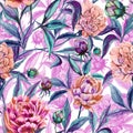 Beautiful colorful peony flowers with leaves, buds and pink outlines on white background. Seamless floral pattern.