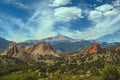 Beautiful Colorful Pikes Peak Mountain range and Garden of the Gods Rock Garden landscape Royalty Free Stock Photo