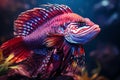 Beautiful colorful purple sea fish live in an aquarium among various algae and corals. Royalty Free Stock Photo