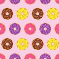 Beautiful colorful rainbow cute donuts circle realistic many taste pattern on pink