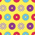 Beautiful colorful rainbow cute donuts circle realistic many taste pattern on yellow