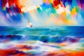 beautiful and colorful sea and ship, waves water painting