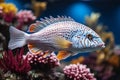 Beautiful colorful spotted sea fish live in an aquarium among various algae and corals. Royalty Free Stock Photo