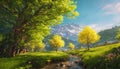 Beautiful colorful spring landscape with creek and a green highlans valley Royalty Free Stock Photo