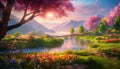 Beautiful colorful spring landscape with river and a blooming highlans valley Royalty Free Stock Photo