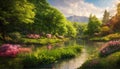 Beautiful colorful spring landscape with river and a green highlans valley Royalty Free Stock Photo