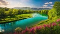 Beautiful colorful spring landscape with river and a green highlans valley Royalty Free Stock Photo