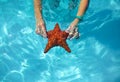 Beautiful colorful starfish in girl hands Royalty Free Stock Photo