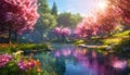 Beautiful colorful sunny spring landscape with rivulet and a blossoming fruit trees