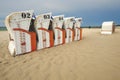 Sunrise on the Baltic Sea coast, deck chair, beach, Kolobrzeg, Poland.