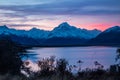 Beautiful colorful sunrise over glacial Lake Pukaki and Mount Cook from near Twizel, winter Royalty Free Stock Photo