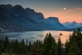 Beautiful colorful sunrise over St. Mary Lake and wild goose island in Glacier national park Royalty Free Stock Photo