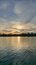 Beautiful colorful sunset Maschsee Hanover with Sportpark view