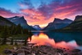 Beautiful colorful sunset over St. Mary Lake and wild goose island in Glacier national park Royalty Free Stock Photo