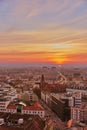 Beautiful, colorful sunset over Wroclaw aerial view