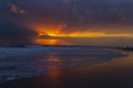 Beautiful colorful sunset at the sea with dramatic clouds and sun shining.Colorful dawn over the sea. Nature composition