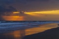 Beautiful colorful sunset at the sea with dramatic clouds and sun shining.Colorful dawn over the sea. Nature composition