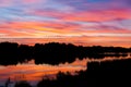 Beautiful colorful sunset. The sky shimmers in different colors. One can see the silhouettes of trees and houses Royalty Free Stock Photo