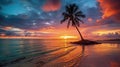 Beautiful colorful sunset on tropical ocean beach with coconut palm trees silhouettes Royalty Free Stock Photo