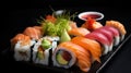 Beautiful and Colorful Sushi Display, Exquisite Japanese Culinary Art in Vibrant Photo Royalty Free Stock Photo