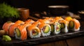 Beautiful and Colorful Sushi Display, Exquisite Japanese Culinary Art in Vibrant Photo