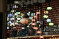 Traditional bright decorative hanging Turkish lamps and colourful lights with vivid colours  in the Istanbul Bazaar, Turkey Royalty Free Stock Photo