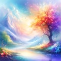 a beautiful colorful tree and a river