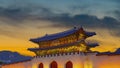 Beautiful colorful twilight. of front gyeongbokgung palace.in seoul south koreaGyeongbokgung` on a sign