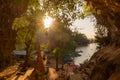 Beautiful and colorful view of a lake with boats at sunset at th